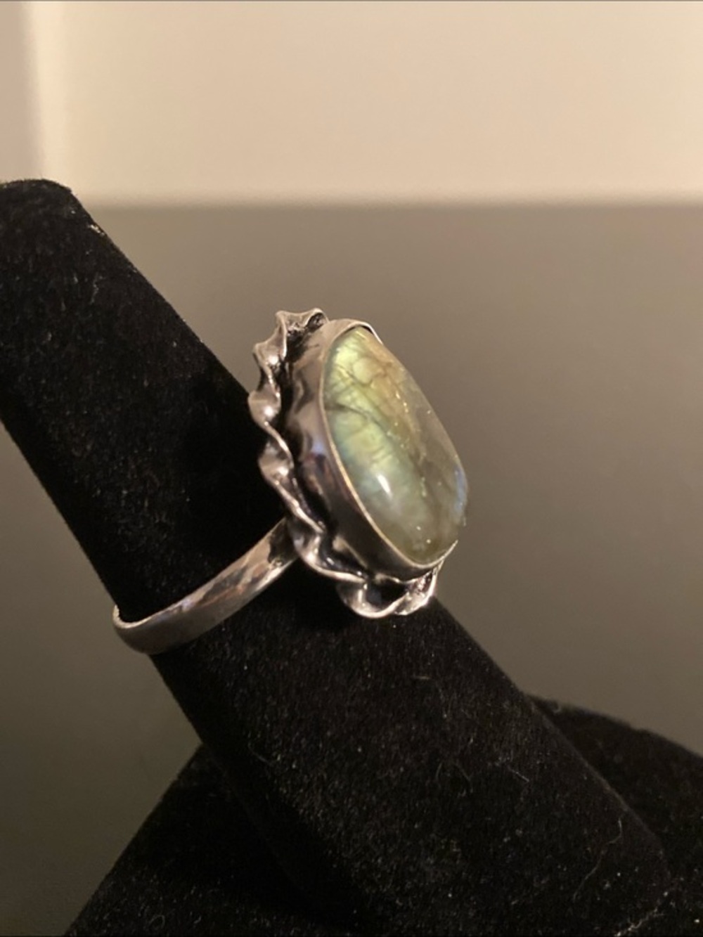 Labradorite Sterling Silver Statement Ring - Green Flash size 6